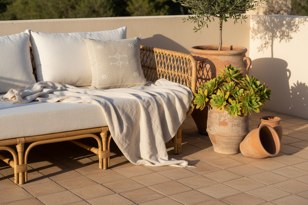 Housse de coussin Sabra gris lin et broderies blanc cassé — soie de cactus fait main Maroc