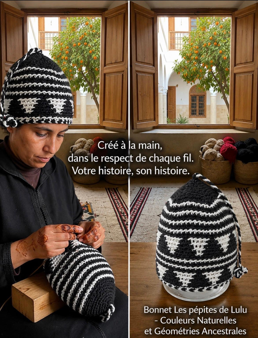 Bonnet tricoté artisanal en laine blanc et noir — fait main au Maroc