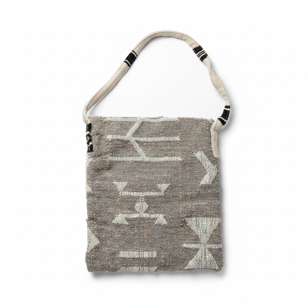 Besace berbère tissage gris motifs géométriques blancs — artisanat marocain fait main