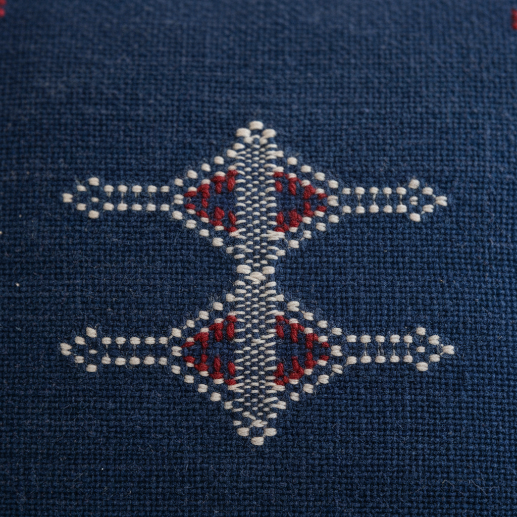 Housse de coussin Sabra bleu et broderies blanc et rouge — soie de cactus fait main Maroc