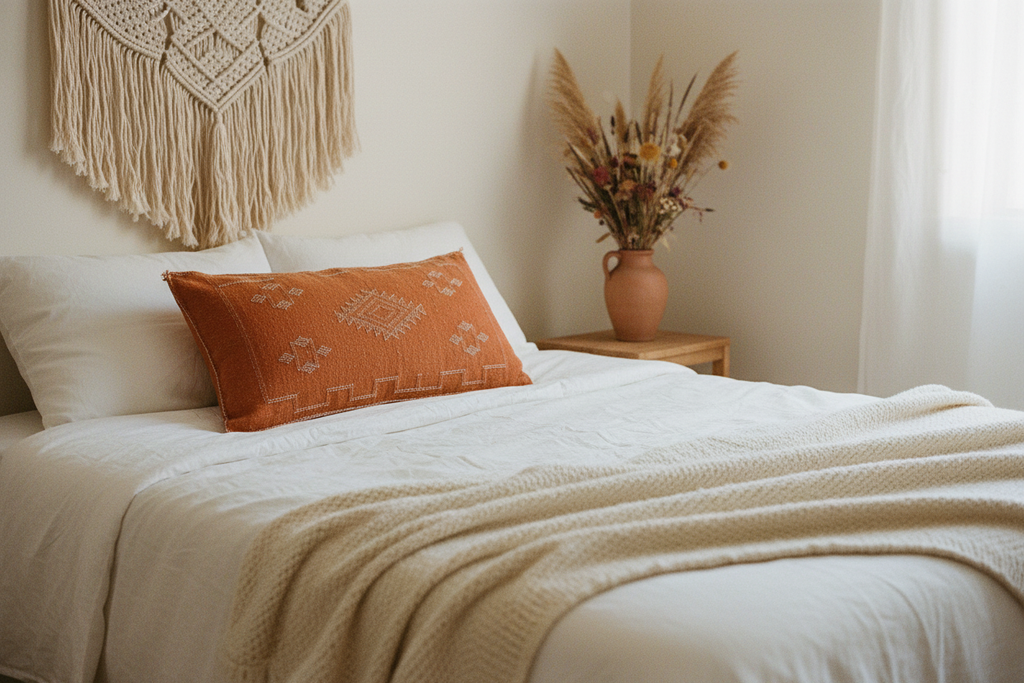 Housse de coussin Sabra orange terracotta et broderies berbères — soie de cactus fait main Maroc