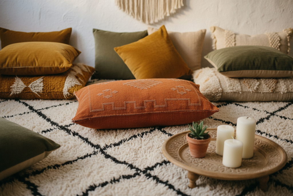 Housse de coussin Sabra orange terracotta et broderies berbères — soie de cactus fait main Maroc