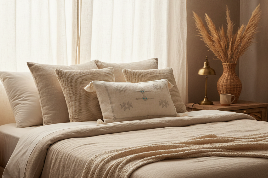 Housse de coussin Sabra blanc et gris perle — soie de cactus artisanat marocain fait main