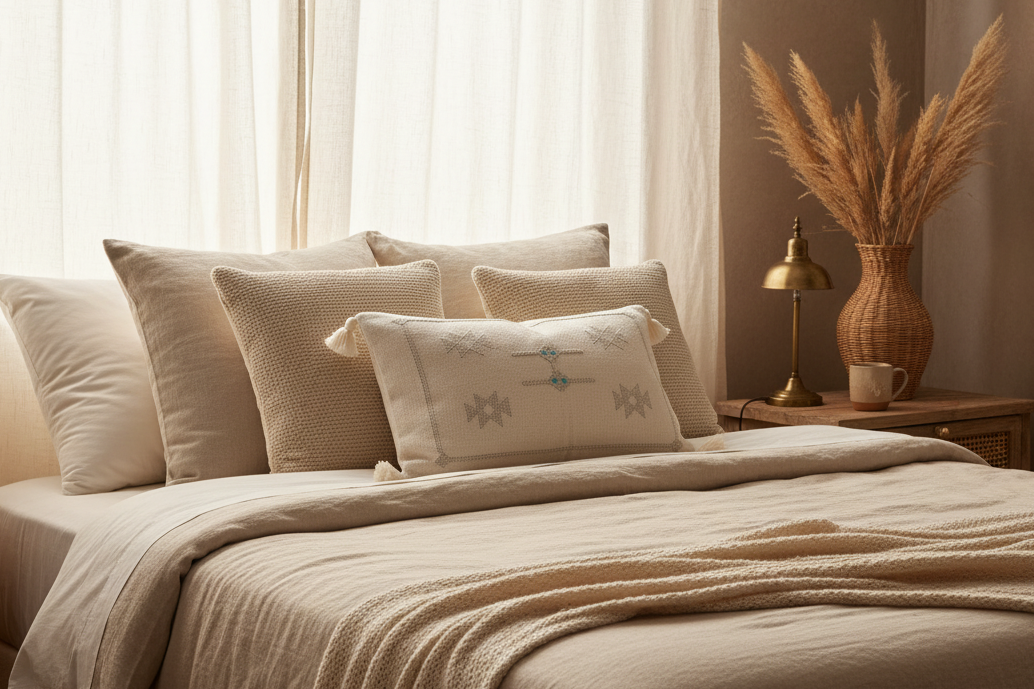 Housse de coussin Sabra blanc et gris perle — soie de cactus artisanat marocain fait main