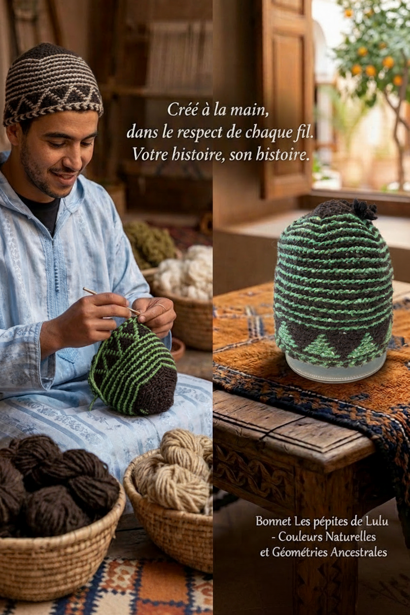 Bonnet tricoté artisanal en laine vert et noir — fait main au Maroc