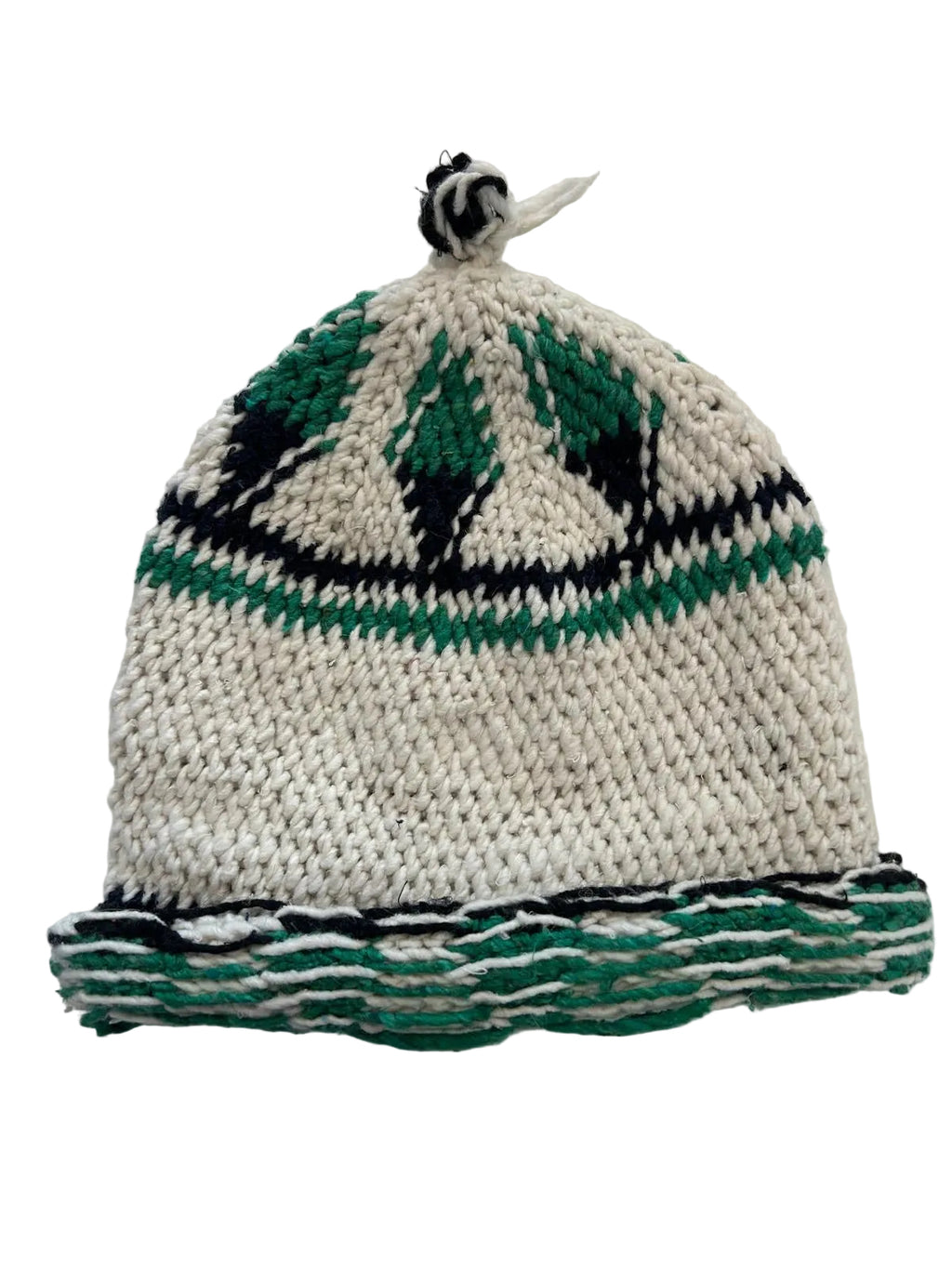 Bonnet tricoté artisanal en laine vert et blanc — fait main au Maroc
