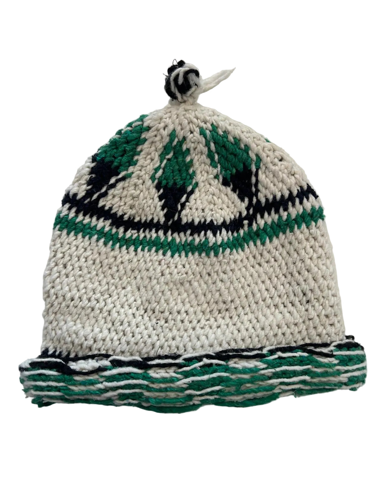Bonnet tricoté artisanal en laine vert et blanc — fait main au Maroc