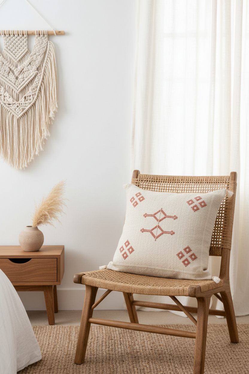 Housse de coussin Sabra ivoire et rouge — soie de cactus artisanat marocain fait main