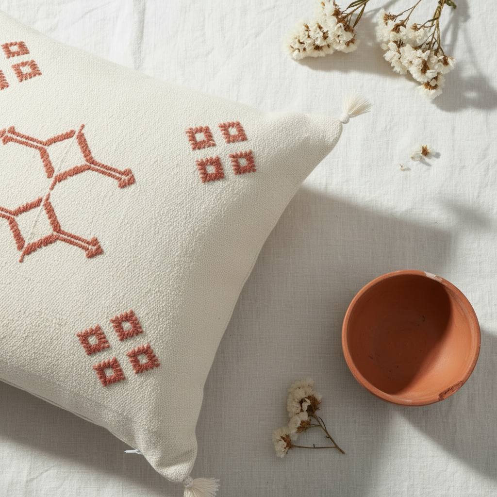 Housse de coussin Sabra ivoire et rouge — soie de cactus artisanat marocain fait main