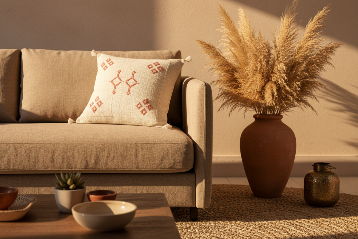 Housse de coussin Sabra ivoire et rouge — soie de cactus artisanat marocain fait main