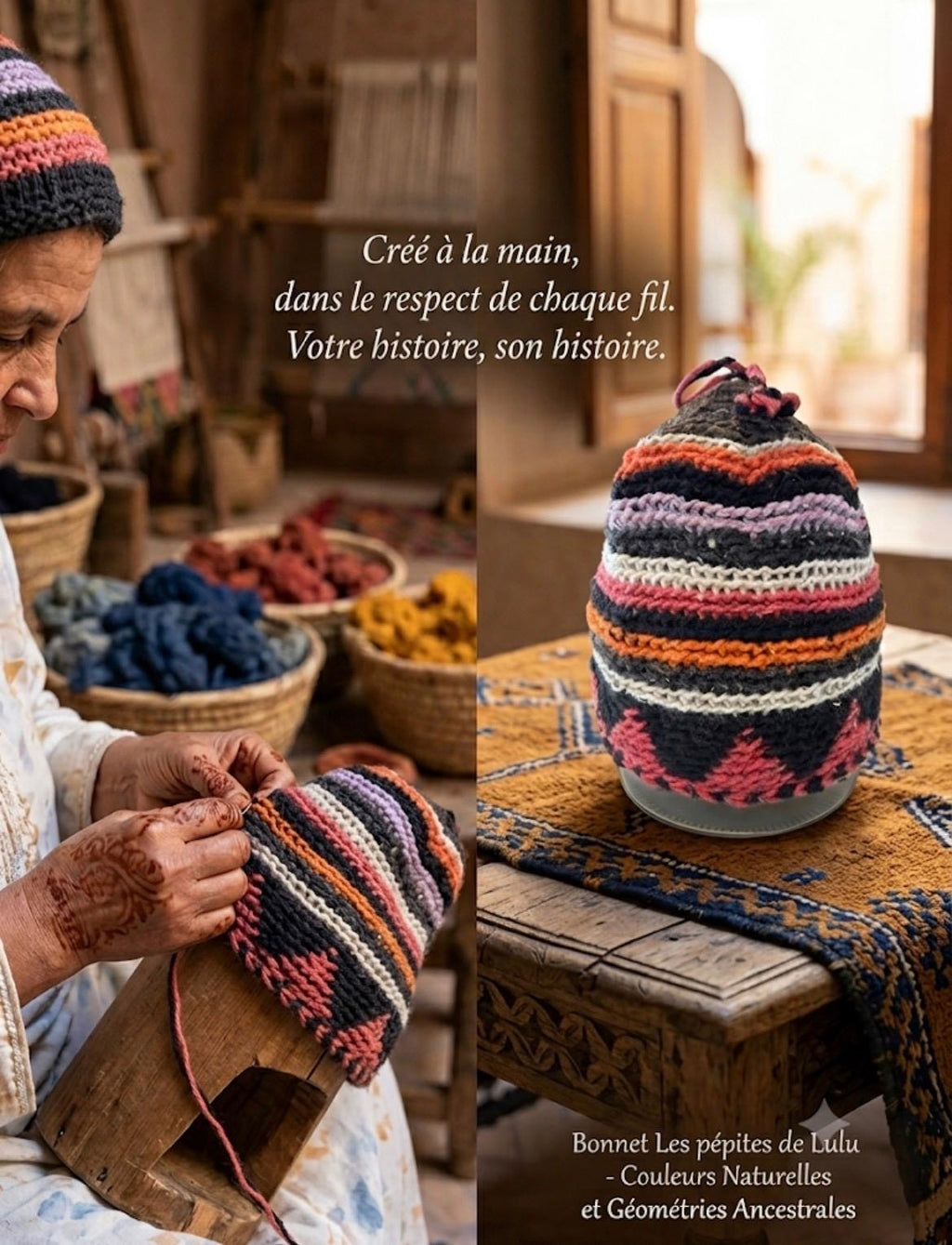 Bonnet tricoté artisanal en laine multicolore — fait main au Maroc