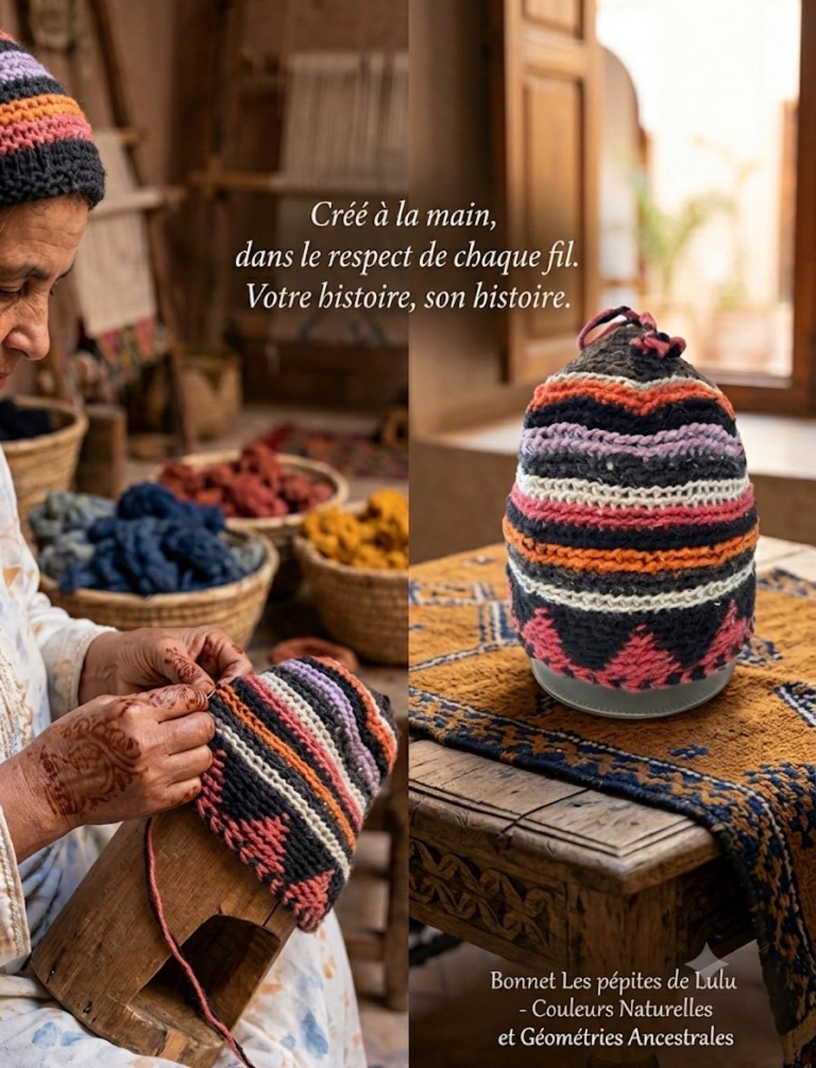 Bonnet tricoté artisanal en laine multicolore — fait main au Maroc