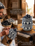 Bonnet tricoté artisanal en laine blanc et gris — fait main au Maroc