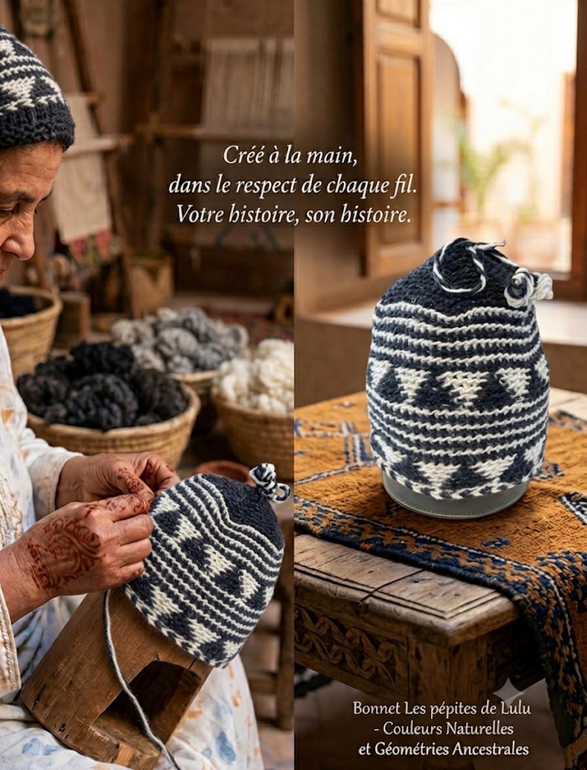 Bonnet tricoté artisanal en laine blanc et gris — fait main au Maroc