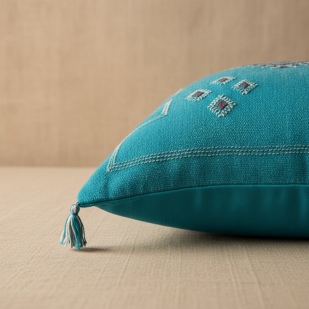 Housse de coussin Sabra turquoise et motifs berbères — soie de cactus fait main Maroc