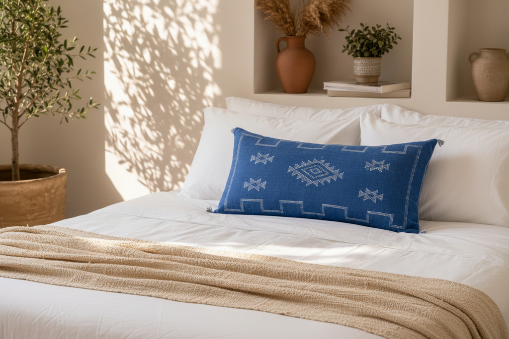 Housse de coussin Sabra bleu indigo et motifs berbères — soie de cactus fait main Maroc