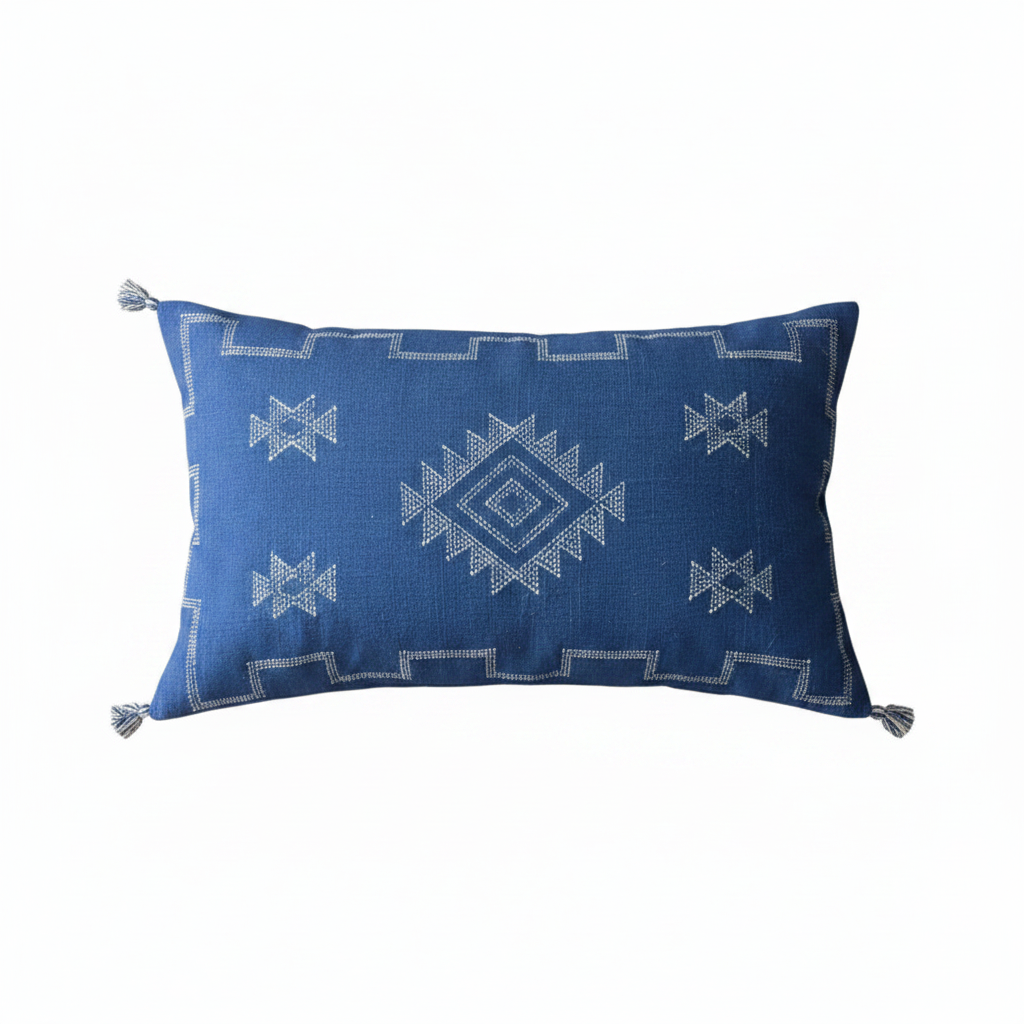 Housse de coussin Sabra bleu indigo et motifs berbères — soie de cactus fait main Maroc