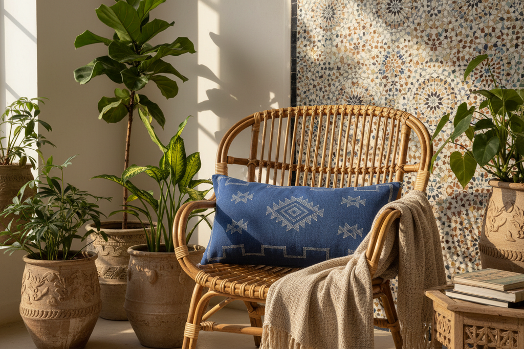 Housse de coussin Sabra bleu indigo et motifs berbères — soie de cactus fait main Maroc