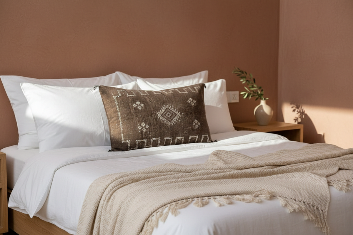 Housse de coussin Sabra marron chocolat et broderies berbères — soie de cactus fait main Maroc