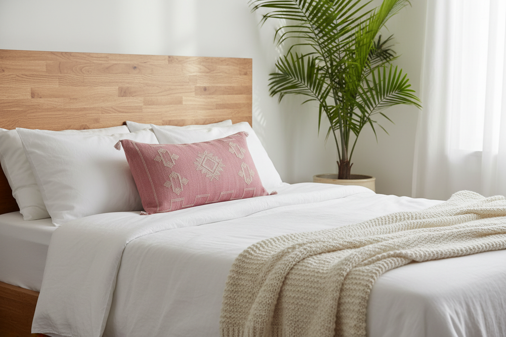 Housse de coussin Sabra rose pièce unique — soie de cactus artisanat marocain fait main