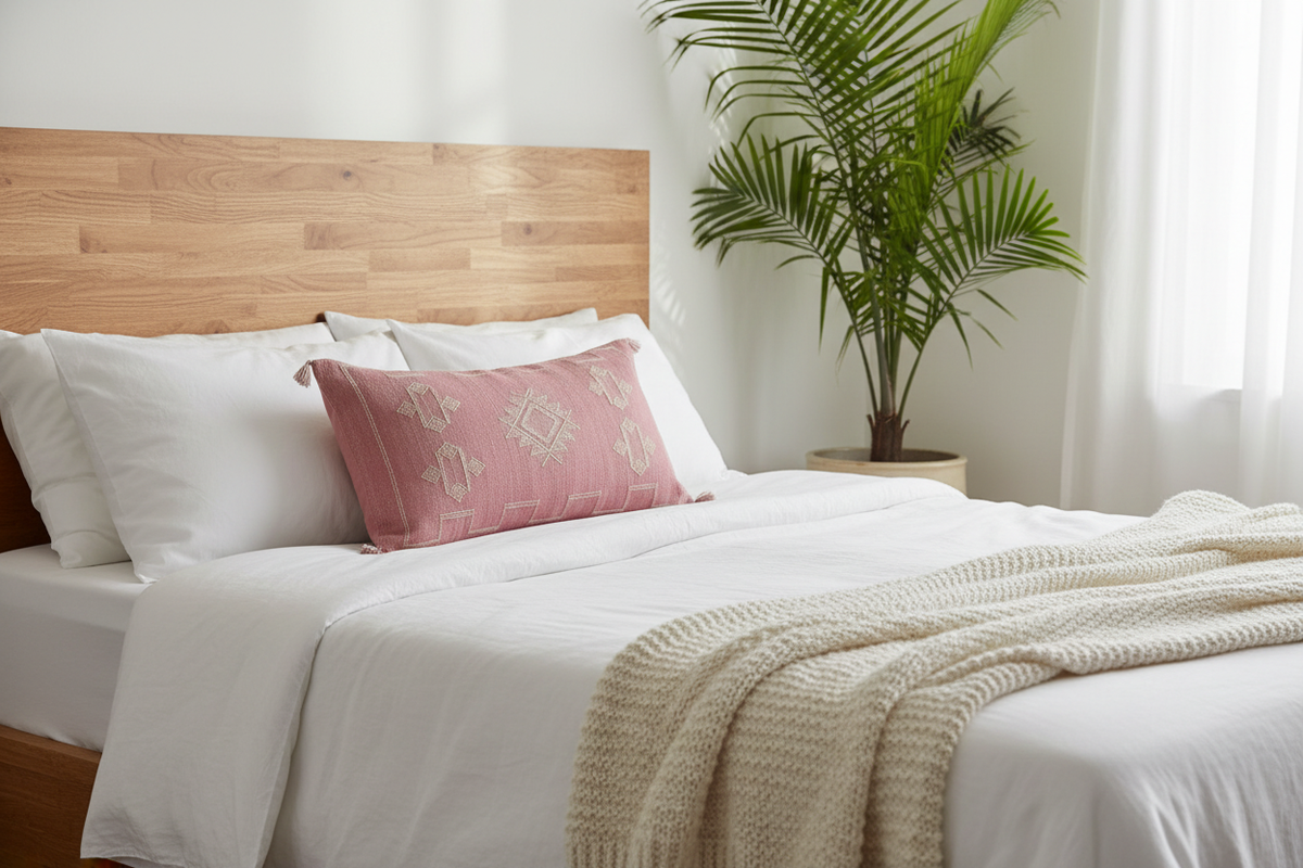 Housse de coussin Sabra rose pièce unique — soie de cactus artisanat marocain fait main
