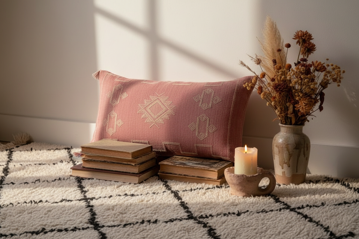 Housse de coussin Sabra pièce unique — soie de cactus artisanat marocain fait main —rose — coin lecture