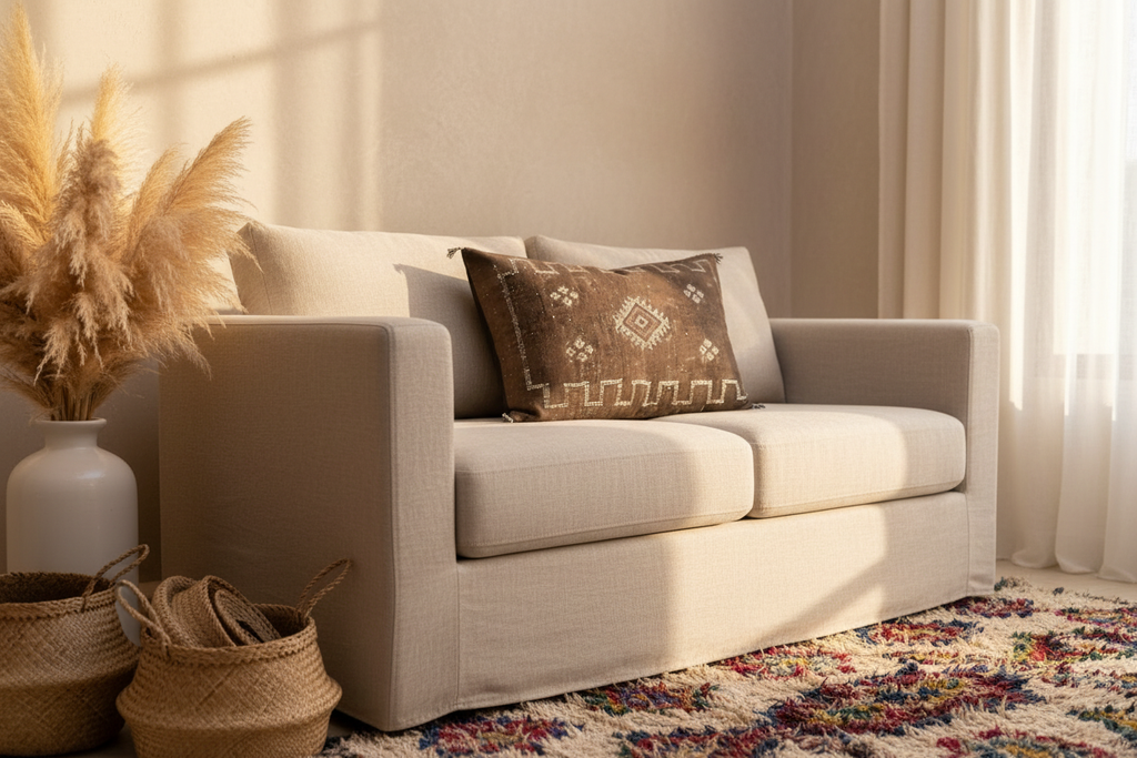 Housse de coussin Sabra marron chocolat et broderies berbères — soie de cactus fait main Maroc