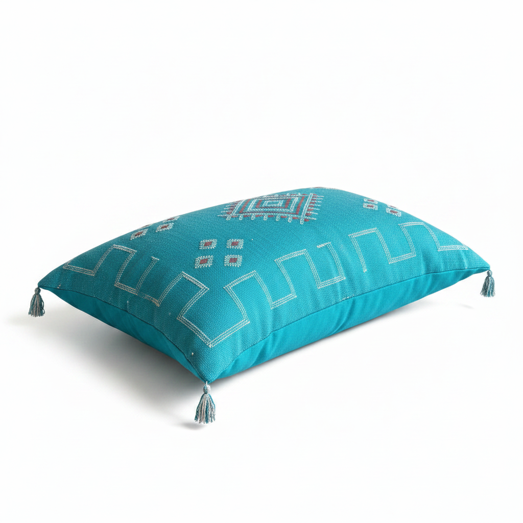 Housse de coussin Sabra turquoise et motifs berbères — soie de cactus fait main Maroc