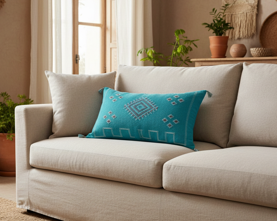 Housse de coussin Sabra turquoise et motifs berbères — soie de cactus fait main Maroc