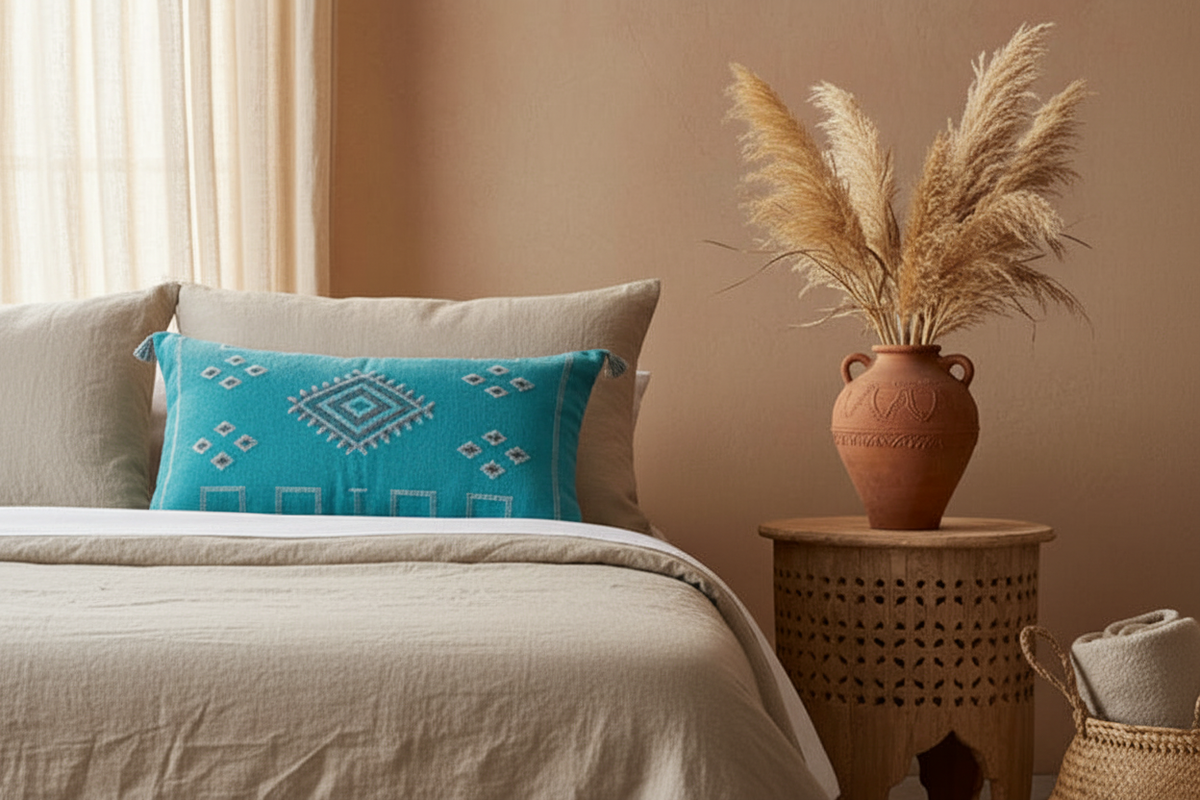 Housse de coussin Sabra turquoise et motifs berbères — soie de cactus fait main Maroc