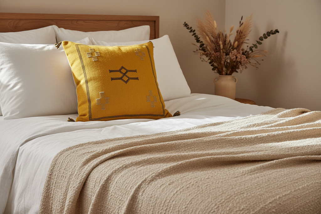 Housse de coussin Sabra jaune moutarde et broderies chocolat — soie de cactus fait main Maroc