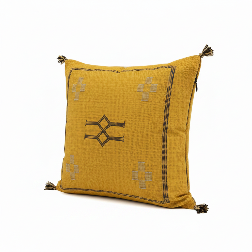 Housse de coussin Sabra jaune moutarde et broderies chocolat — soie de cactus fait main Maroc