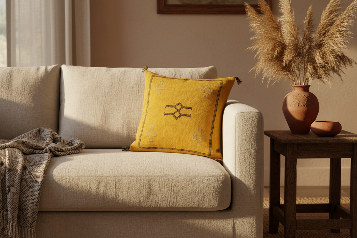Housse de coussin Sabra jaune moutarde et broderies chocolat — soie de cactus fait main Maroc