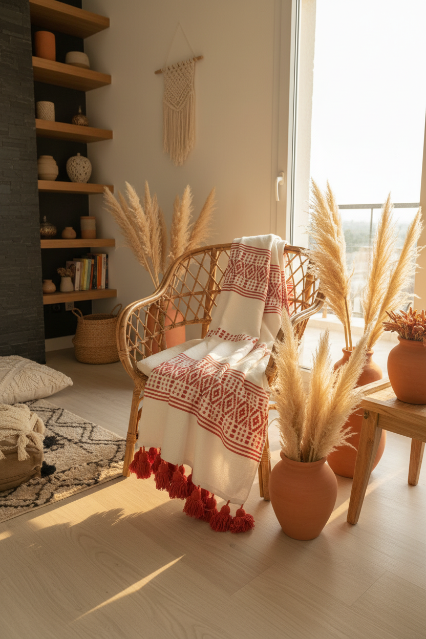 Plaid berbère blanc et rouge — 2,80 x 1,80 m tissé main Maroc