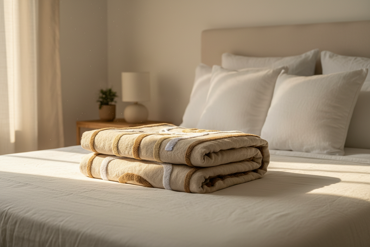 Plaid camel sur lit