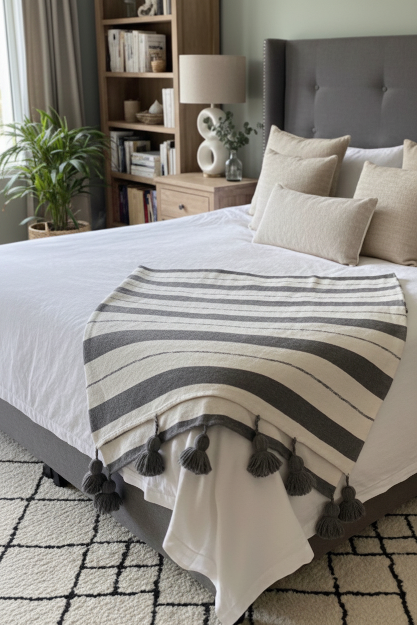 Plaid marocain à rayures blanc et gris — pompons fait main Maroc