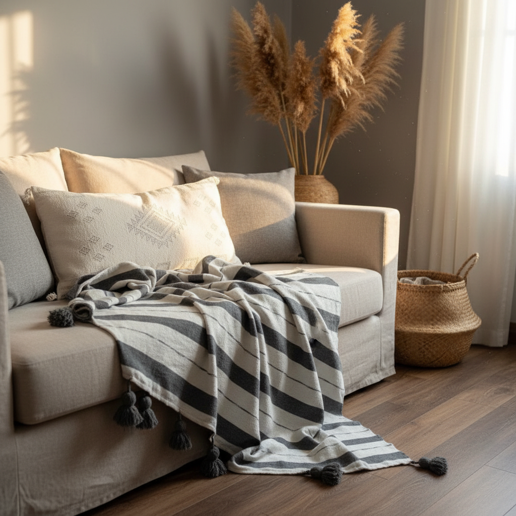 Plaid marocain à rayures blanc et gris — pompons fait main Maroc