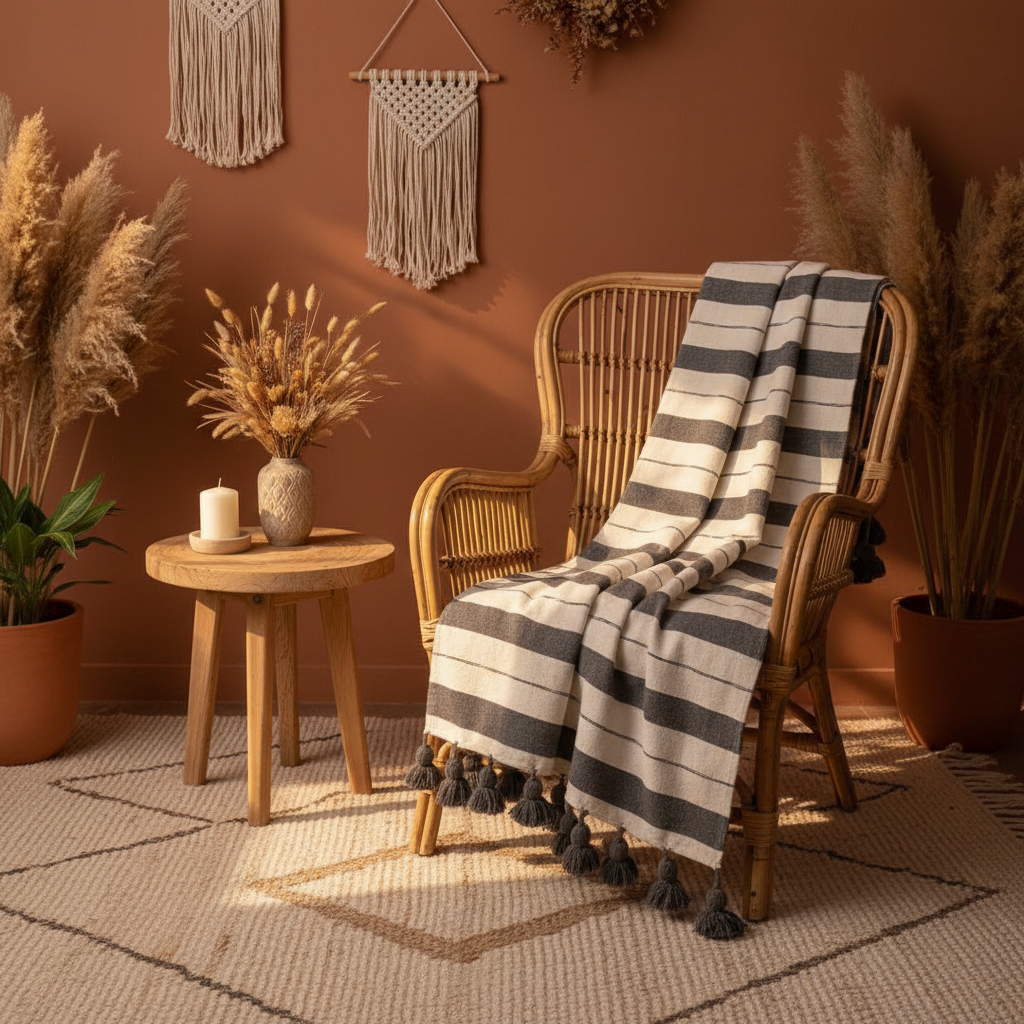 Plaid marocain à rayures blanc et gris — pompons fait main Maroc