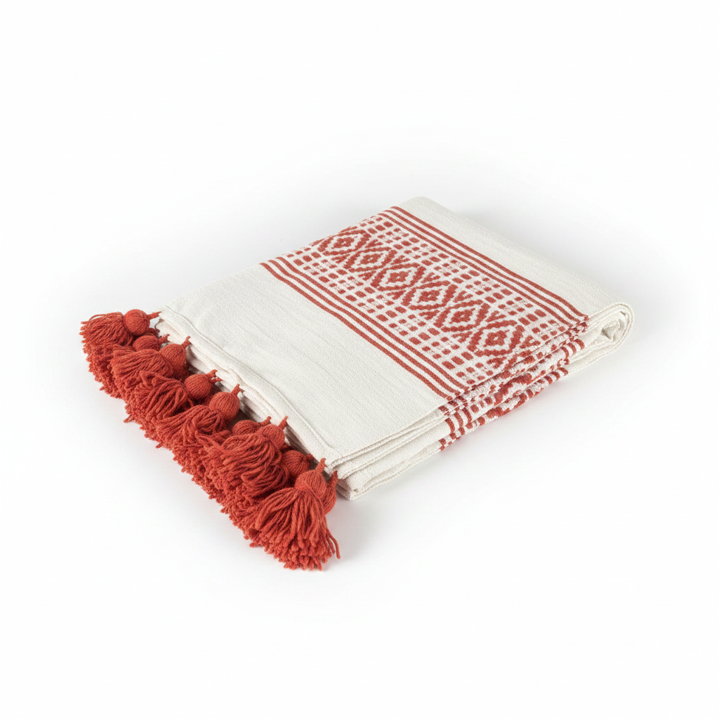 Plaid berbère blanc et rouge — 2,80 x 1,80 m tissé main Maroc