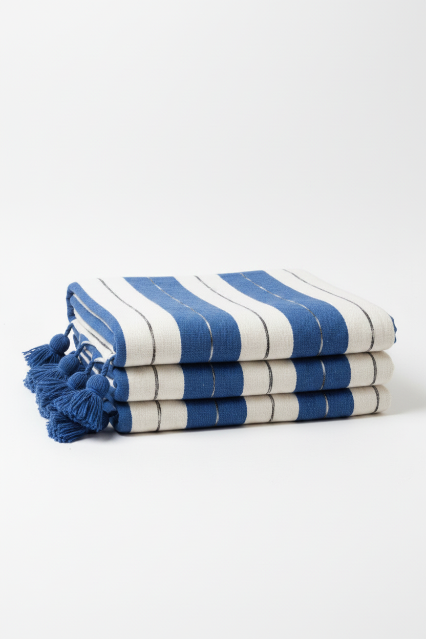 Plaid marocain à rayures blanc ivoire et bleu cobalt — pompons fait main Maroc