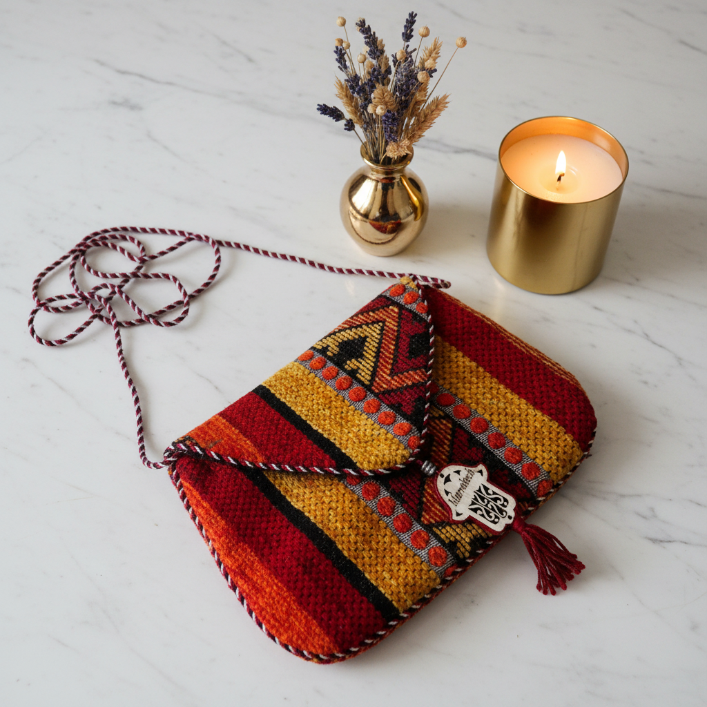 Pochette kilim marocaine rouge et jaune motif main de Fatma — artisanat marocain fait main