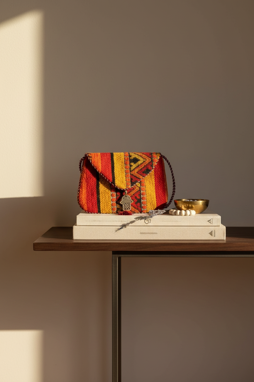 Pochette kilim marocaine rouge et jaune motif main de Fatma — artisanat marocain fait main