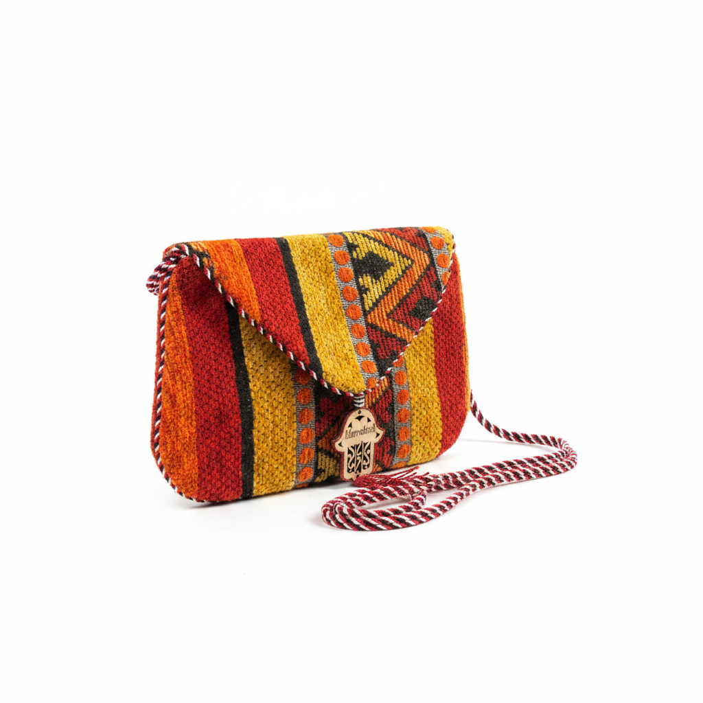 Pochette kilim marocaine rouge et jaune motif main de Fatma — artisanat marocain fait main