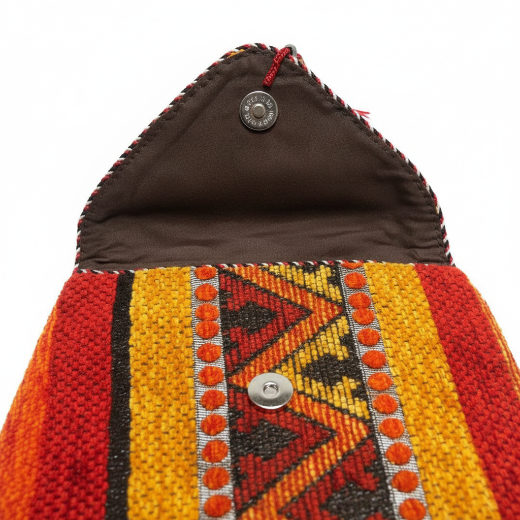 Pochette kilim marocaine rouge et jaune motif main de Fatma — artisanat marocain fait main
