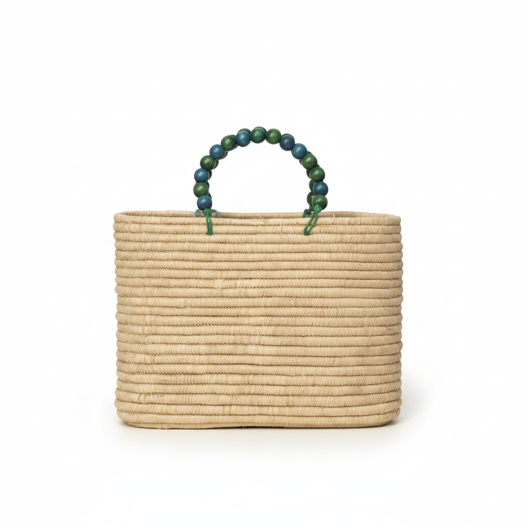 Sac Amira en raphia tressé & perles bleues-vertes — pièce unique artisanale, fait main au Maroc