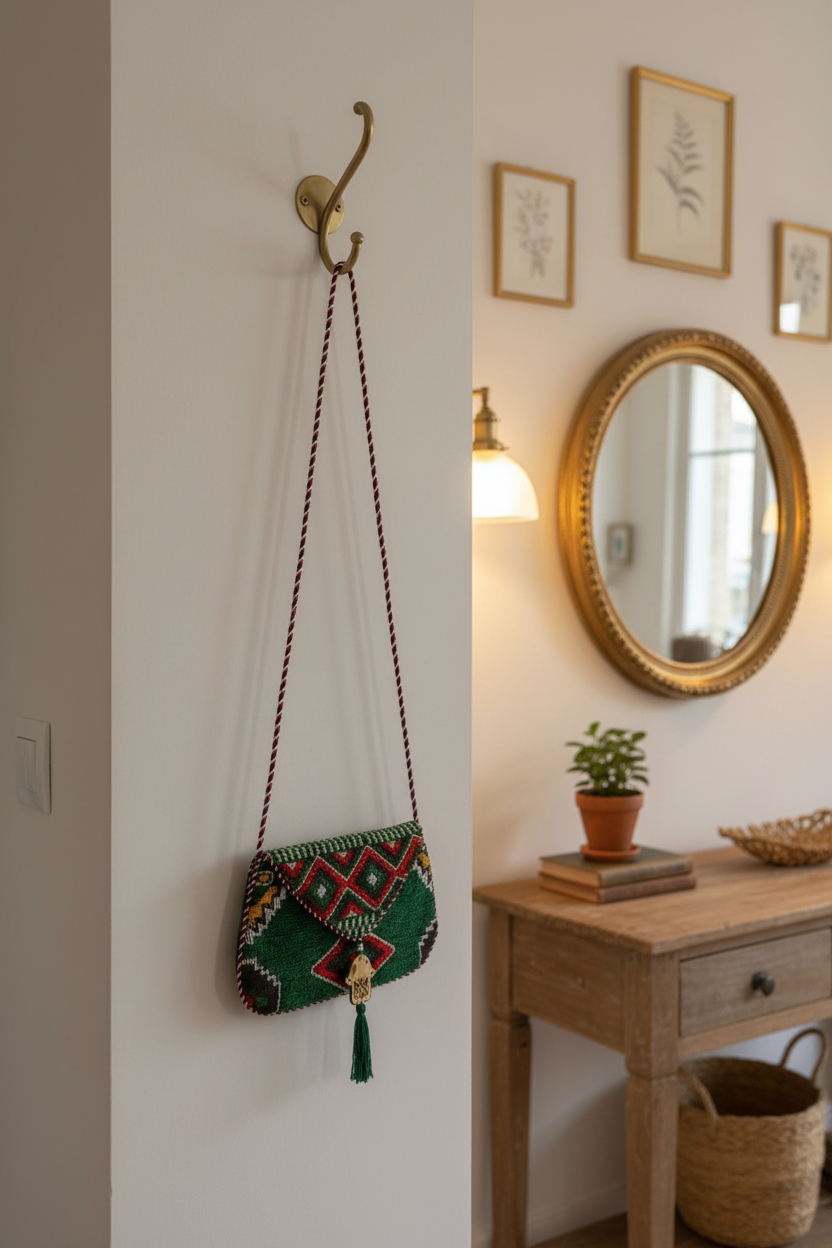 Pochette kilim berbère vert émeraude motifs géométriques — artisanat marocain fait main