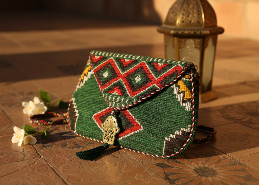 Pochette kilim berbère vert émeraude motifs géométriques — artisanat marocain fait main