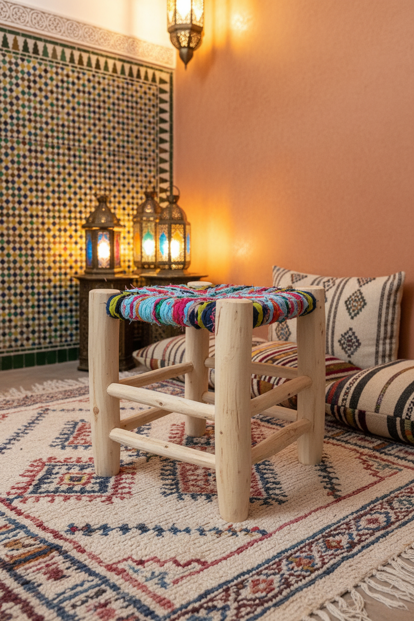 Tabouret en bois d'eucalyptus et boucherouite — mobilier artisanal marocain fait main