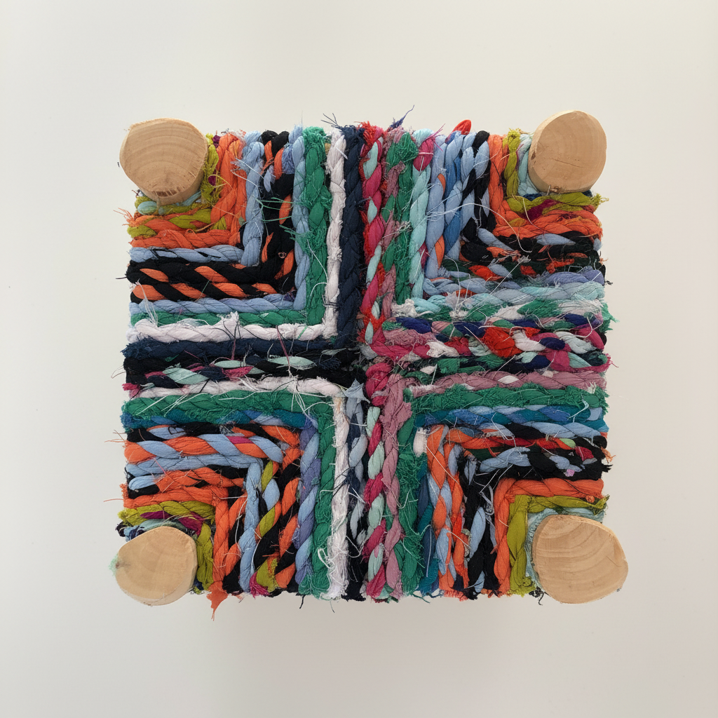 Tabouret en bois d'eucalyptus et boucherouite — mobilier artisanal marocain fait main