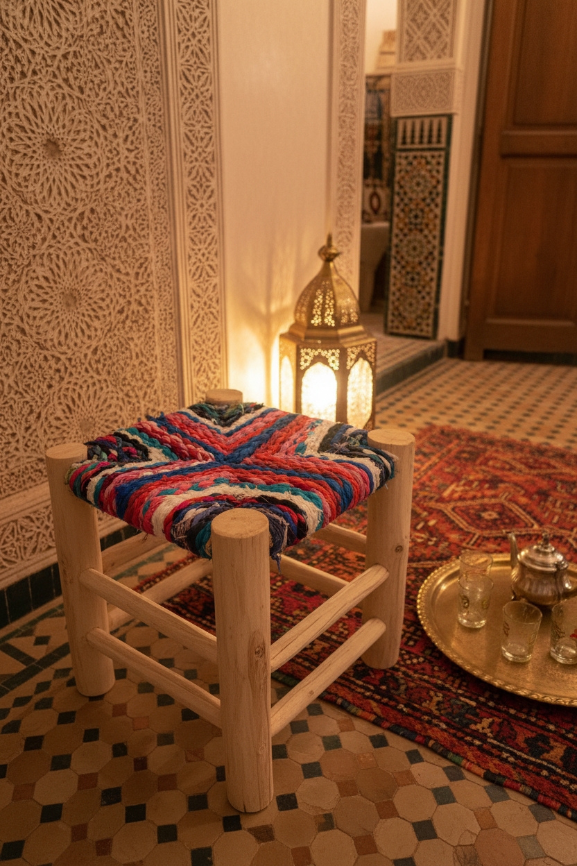 Tabouret en bois d'eucalyptus et boucherouite — mobilier artisanal marocain fait main